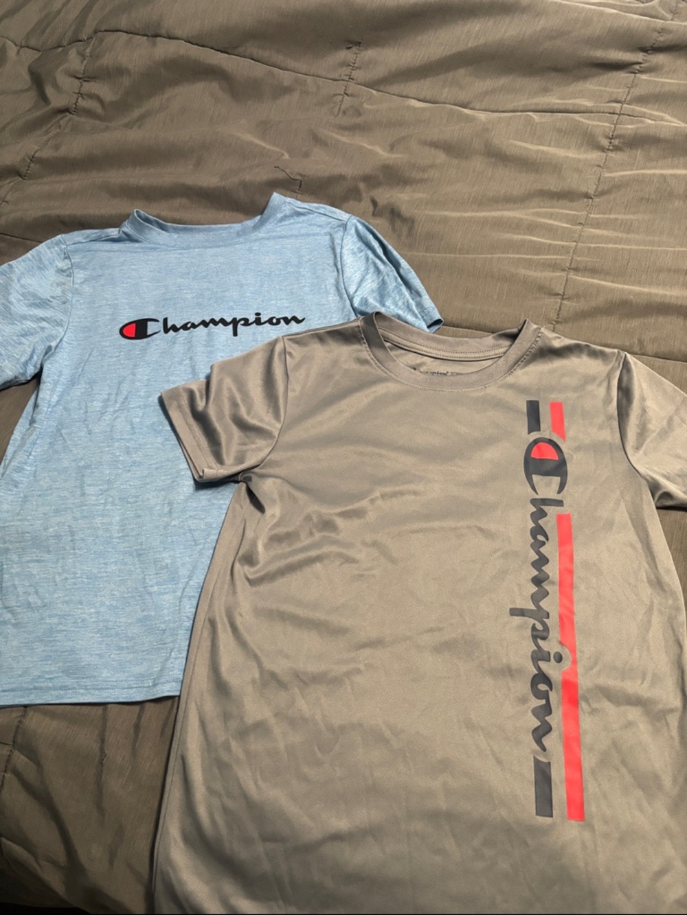 Champion Kids' Short Sleeve Tees in Light Blue and Gray with Red Logo Accents